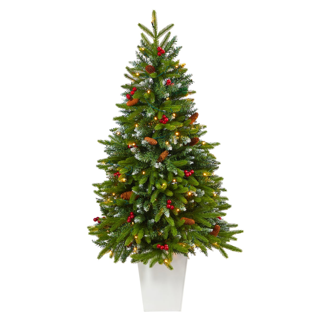 4.5ft. Pre-Lit Snow Tipped Portland Spruce Artificial Christmas Tree in White Metal Planter, Clear LED Lights